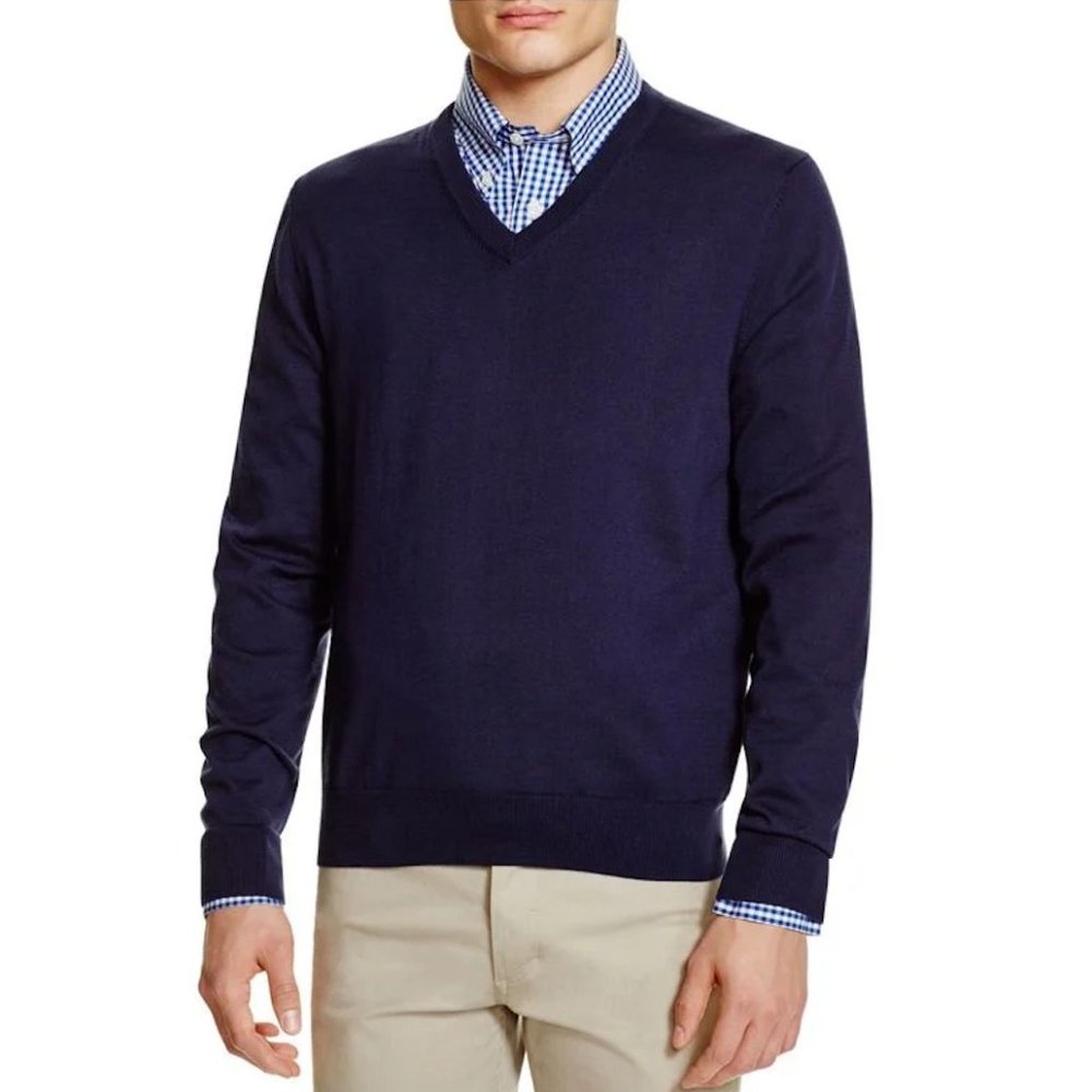 Brooks Brothers Sweater Men's Large V Neck Navy Blue Soft Supima Cotton Pullover